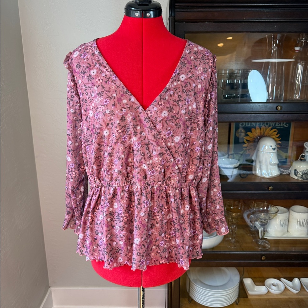 Babeau Pink Floral Wrap Long Sleeve Peplum Hem Top Plus Size 2X